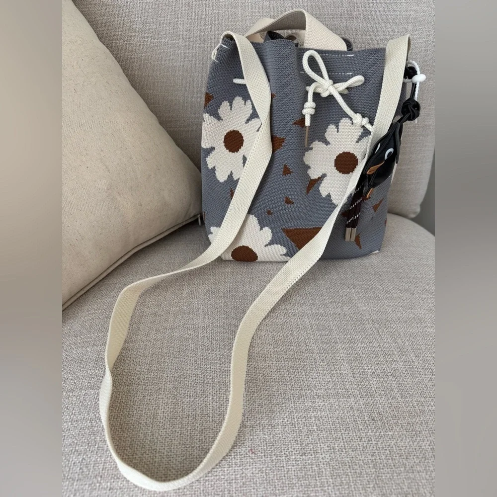 New Blue, Mocha & Flowers Woven Bucket Bag Handbag Purse w/ Dachshund Charm